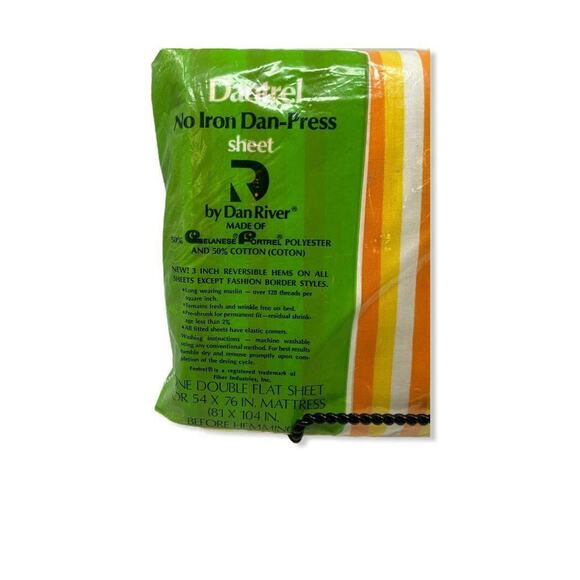 New Vintage Deadstock Dan River “Dantrel” Double Flat Sheet Orange Yellow Stripe - Picture 5 of 5